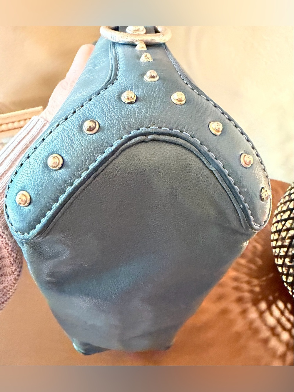 Michael Kors Vintage East West Teal Leather Shoulder Bag with Studded Zip Pocket - Picture 12 of 15